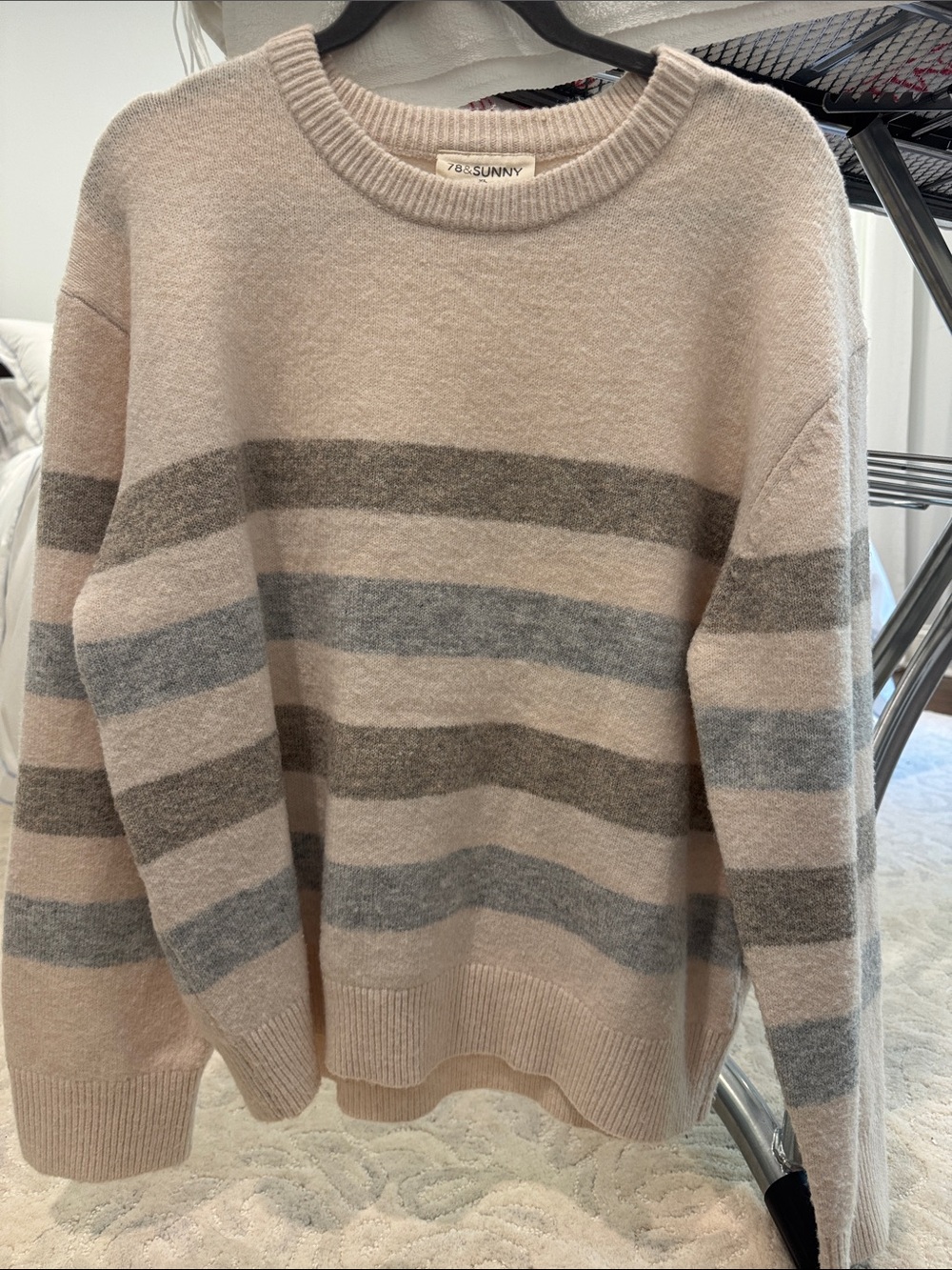 7 & SUNNY Women's Beige and Gray Striped Crewneck Sweater